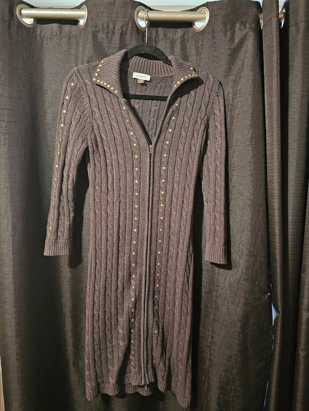 Calvin Klein Long Cable Knit Zip Sweater - Gray with Gold Studs